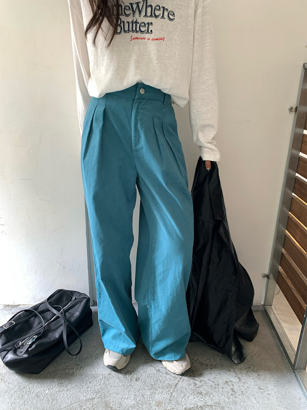 广州黄峥韩系湖蓝色裤子复古高腰显瘦灯芯绒直筒宽松休闲裤530806|undefined