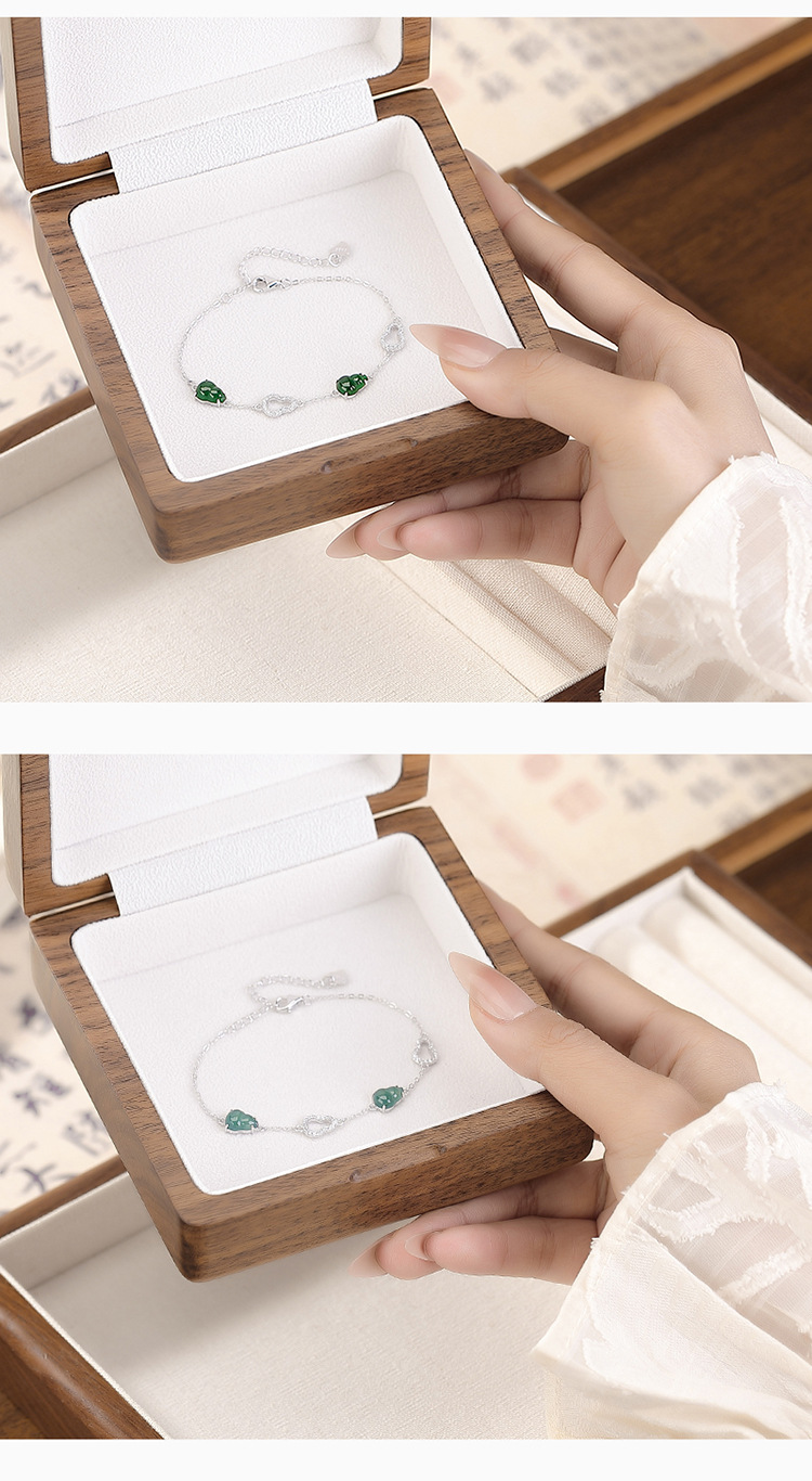 Vòng tay bạc S925 đính ngọc bích xanh phong cách Trung Quốc Fulu rỗng — Mẫu ngọc bích nước xanh chi tiết 5
