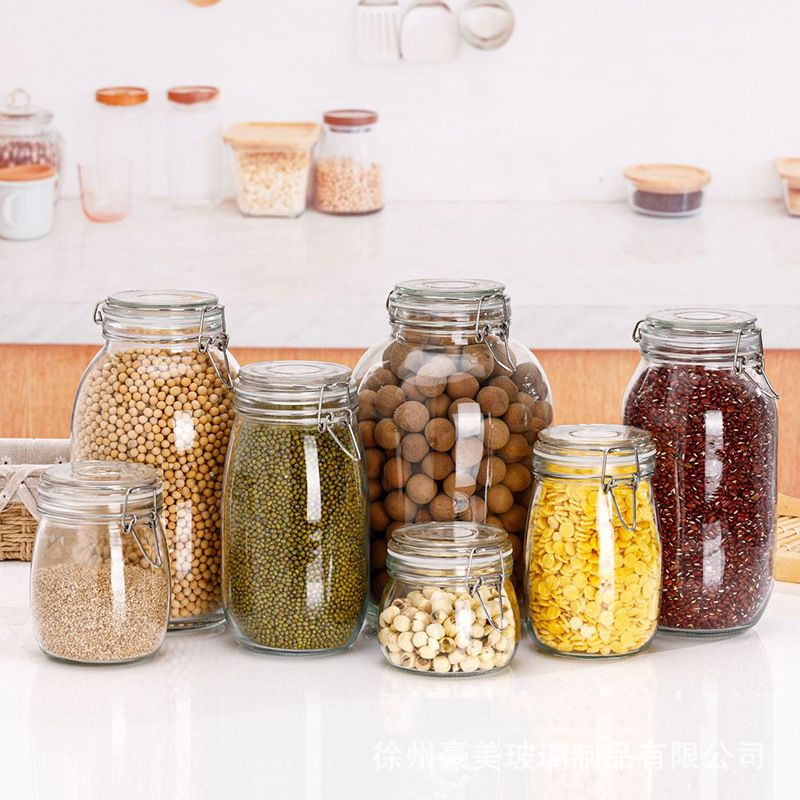 批发圆形卡扣玻璃储物罐五谷杂粮密封罐透明酱菜瓶玻璃食品储物瓶