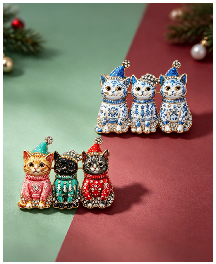 Christmas sweater kitten brooch, alloy enamel with rhinestones, cat and calico cat design, suit pin, holiday accessory