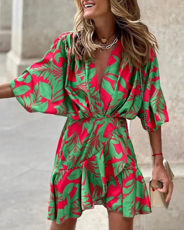 Mid Waist Waist Line Holiday, Daily Occasion V Neck Neckline Wholesale Women'S Fashion Printing Pocket Printing Color Block Holiday Daily V Neck 3/4 Length Sleeve Pencil Skirt