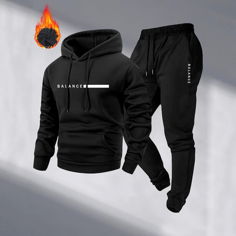 Spring and Autumn Fleece-Lined Hooded Sweatshirt Set for Men Balance Letter Print Warm Sports Casual Two-Piece Set