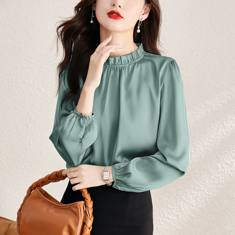 Elegant Drapey Half-High Collar Silk Shirt for Women, 2026 Autumn New Style, Pullover, Simple Loose-Fitting Thin Silk Top Elegant Drapey Half-High Collar Silk Shirt for Women, 2026 Autumn New Style, Pullover, Simple Loose-Fitting Thin Silk Top