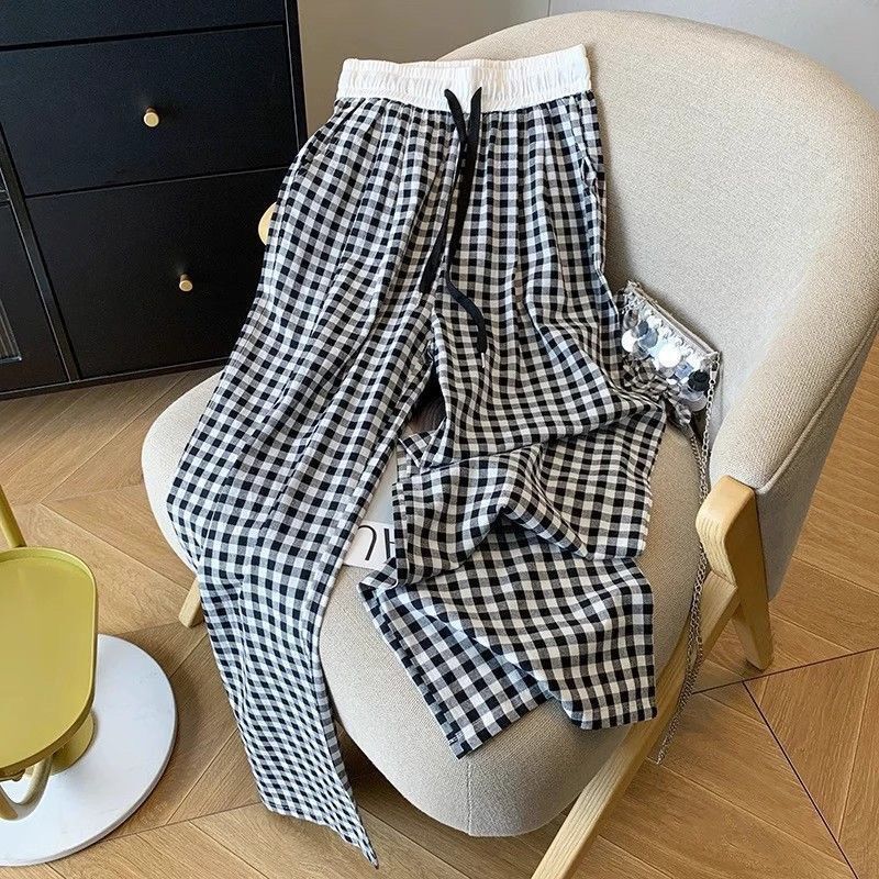 Customizable Processing and Customization, Can Add Embroidery and Printing, Plus Size 150kg Summer Thin Blue Plaid Pants for Women, New Retro Style Customizable Processing and Customization, Can Add Embroidery and Printing, Plus Size 150kg Summer Thin Blue Plaid Pants for Women, New Retro Style
