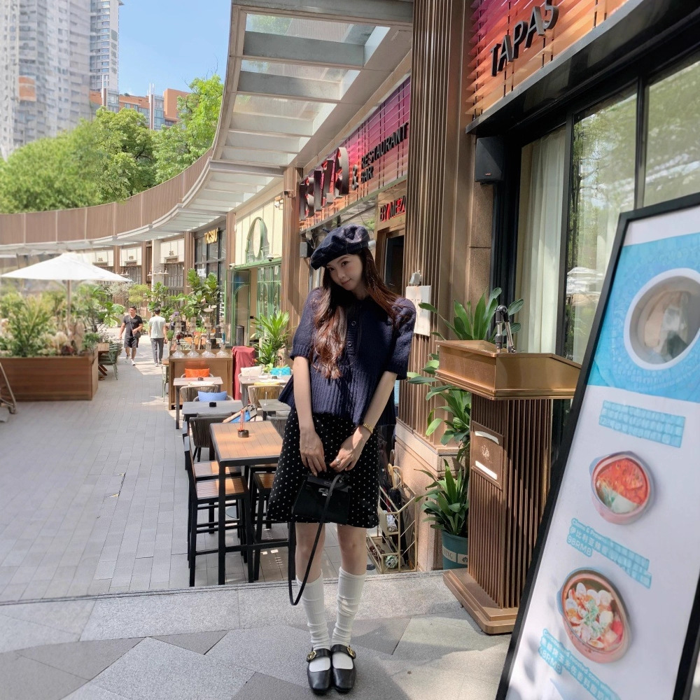 实拍 韩系复古娃娃短袖毛衣女高腰百搭波点毛呢半身裙两件套90163