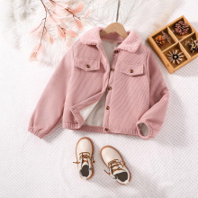 TEMU秋冬款女童外套加绒保暖毛毛翻领单排扣假口袋百搭纯色夹克