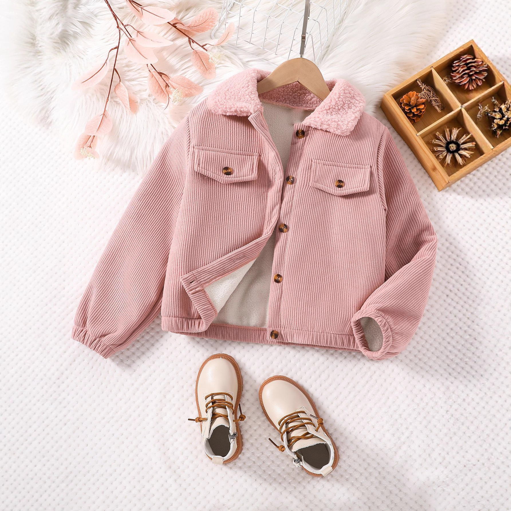 TEMU秋冬款女童外套加绒保暖毛毛翻领单排扣假口袋百搭纯色夹克