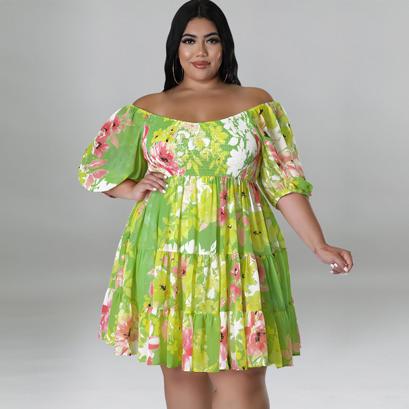 Plus Size Off Shoulder Floral Dress With Puff Sleeves, Flowy Swing Midi Dress For Women_ecoleips.com