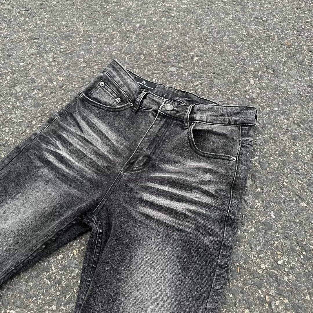 Men's Black Washed Flared Jeans With Fleece Lining - Clean Fit Stretch Denim Pants For High Street Fashion_mkmklike.com