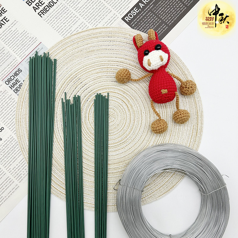 花杆diy手工玫瑰花杆绿色2号毛线包胶铁丝钩织玩偶耳朵叶子定型条