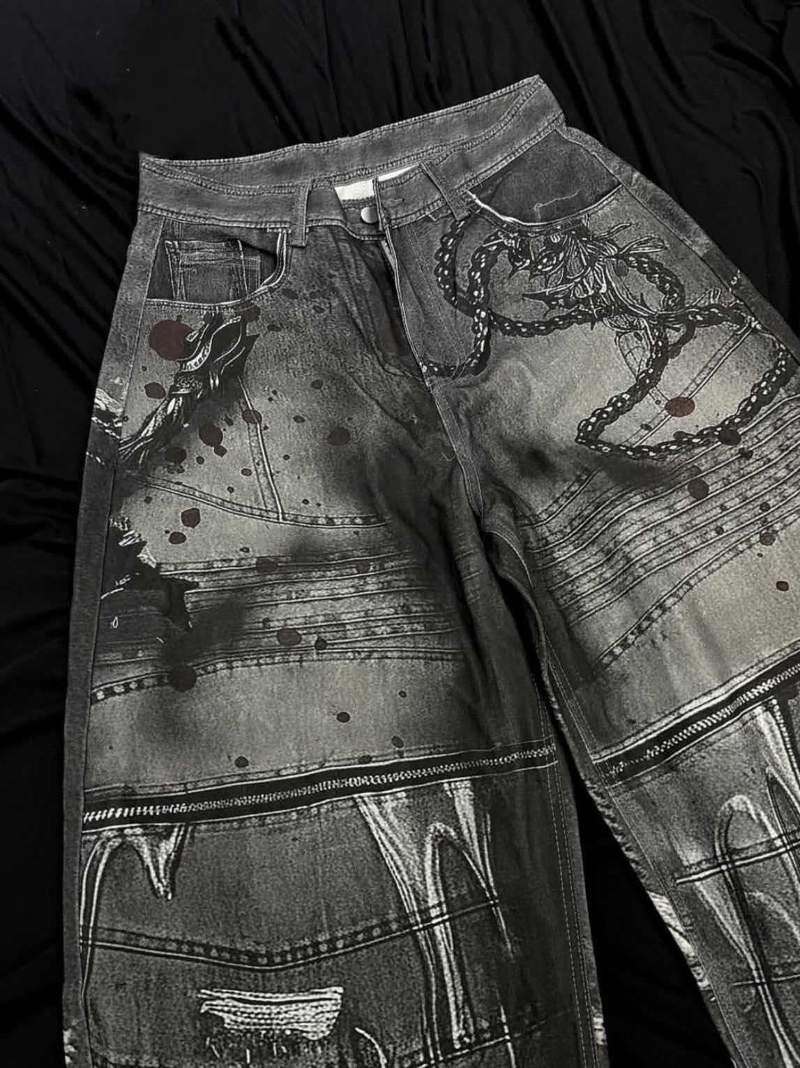 Transfronterizos estadounidenses vintage impresión jeans nuevos estilos de tinta de alta calle viento de desechos de tierra hacer viejos pantalones de piernas relajados