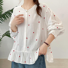 爱心棉纱长袖衬衫日系森女系文艺圆领单排扣减龄百搭宽松上衣
