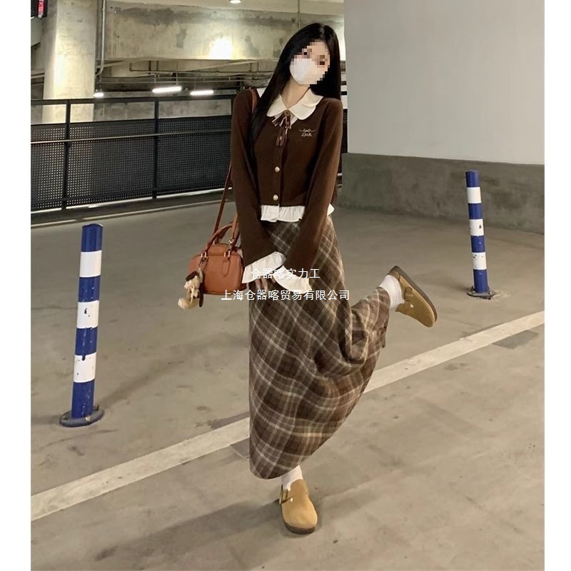 小个子美拉德穿搭复古格纹半身裙设计感拼接长袖上衣套装秋冬季女|undefined