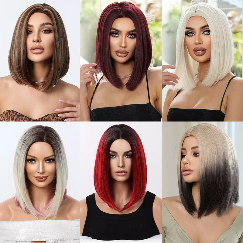 亚马逊跨境欧美新品假发中分短直发bobo头时尚酒红色锁骨发波波头