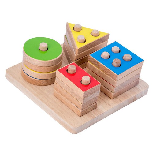 ohye Early Education Toys Children Beneficial for Intelligence Building Blocks Beech Wood Four Sets Column Geometric Shapes Color Recognition Stacking Tower
