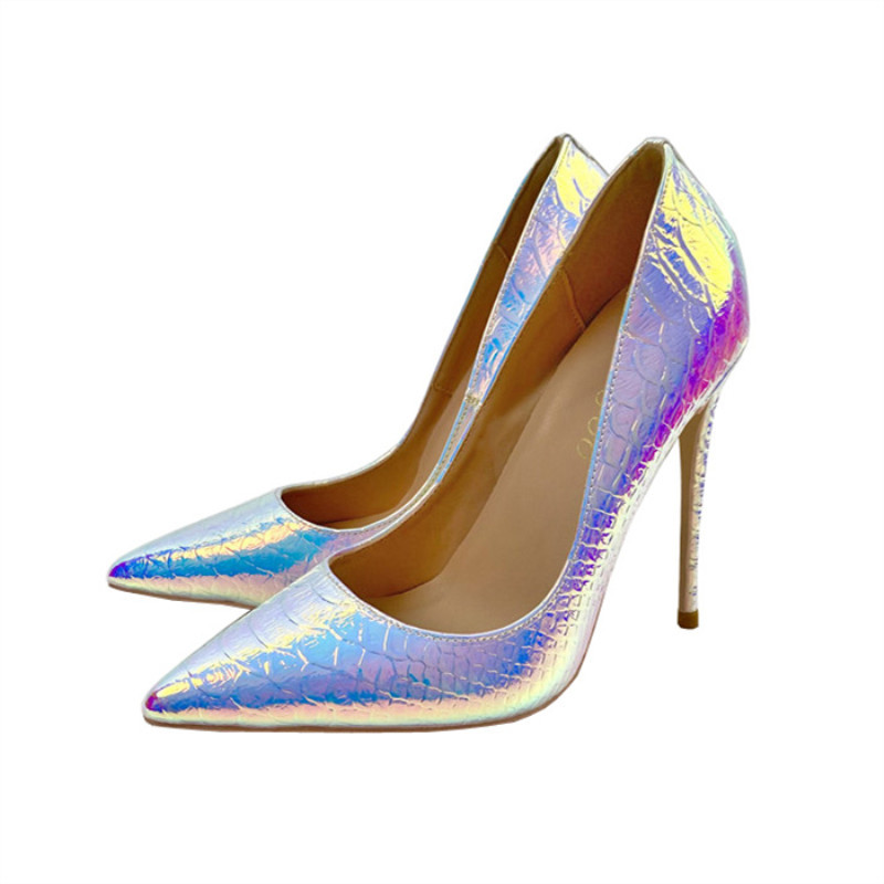 New Laser White Snakeskin High Heels 12CM Pointed Stiletto Heel