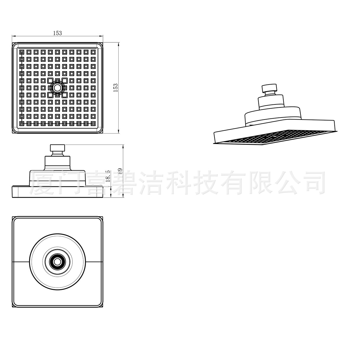 6-inch square ABS electroplated shower head with filter, cross-border pressurized filter top shower head Specification drawing