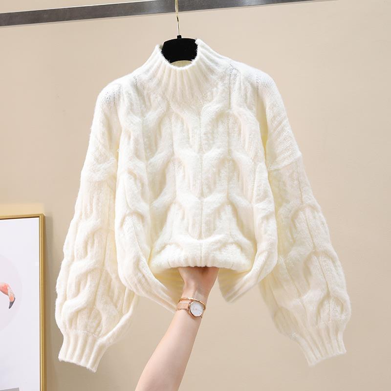 2024 Winter New Women's Half Turtleneck Solid Color Embossed Short Thickened Warm High Waist Sweater Fluffy Knitted Sweater