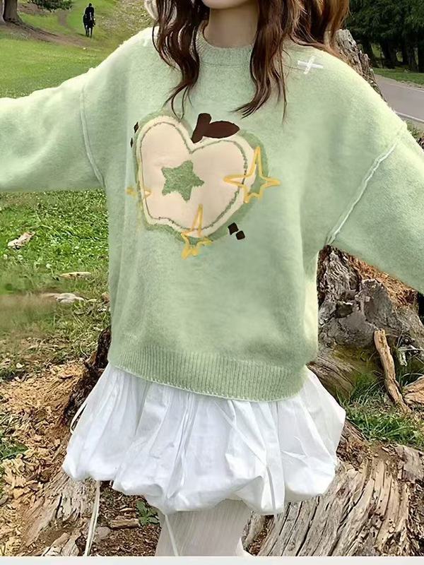 设计感苹果提花套头圆领毛衣女秋冬季甜酷减龄宽松显瘦慵懒针织衫|undefined