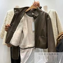羊羔毛立领加绒内胆皮衣外套女冬抽绳收腰机车服加厚保暖短款夹克