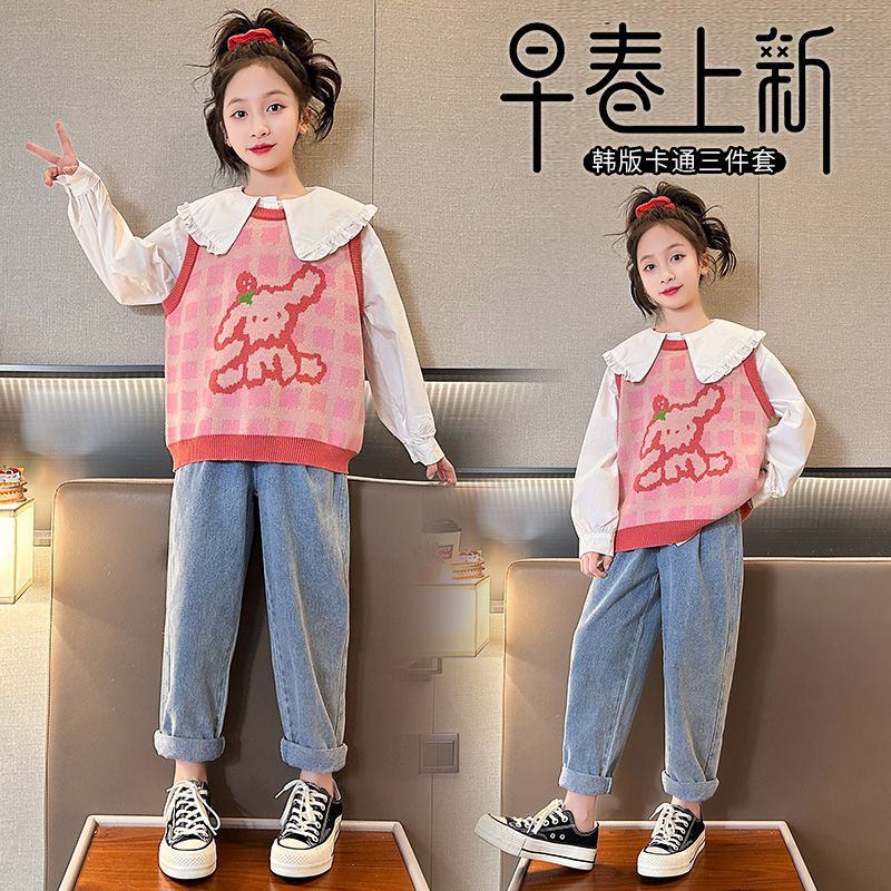 2024 New Style Girls' Spring Outfit Set - Stylish Three-Piece Knitted Set for Middle and Large Children - Korean Style