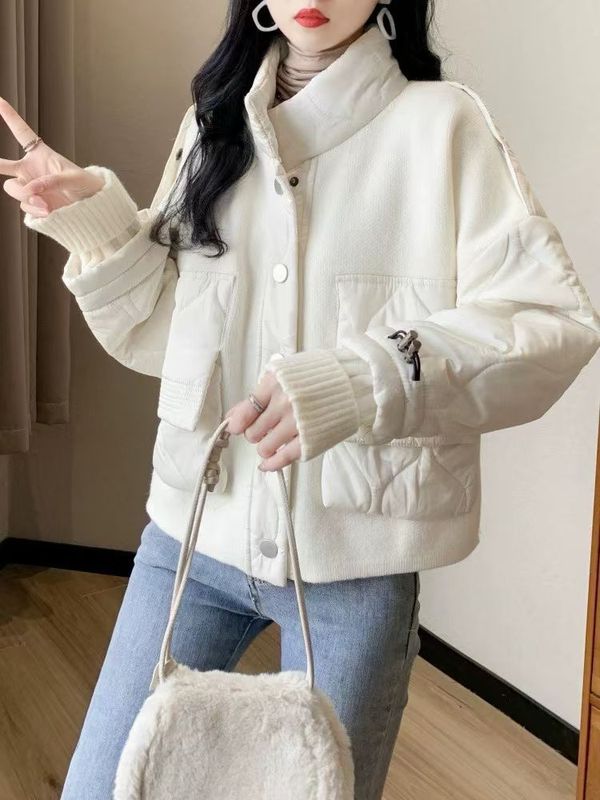 设计感拼接棉服毛衣外套2025秋冬新款韩版宽松短款休闲针织开衫女|undefined