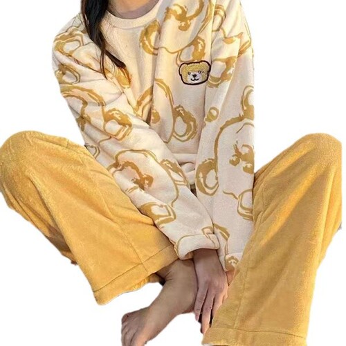 Ladies' Winter Plaid Pajama Set Homecoming Fleece Set Coral Fleece Autumn/Winter Long Sleeve Set Korean Version Cute Plus Size Dropshipping