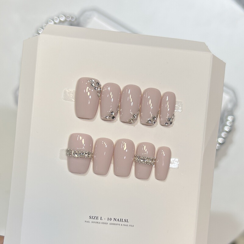 Dai Risen [Ruth Manicure] Casual Elegant Wearable Nails, Gentle Granny Gray Zircon Manicure Fake Nails