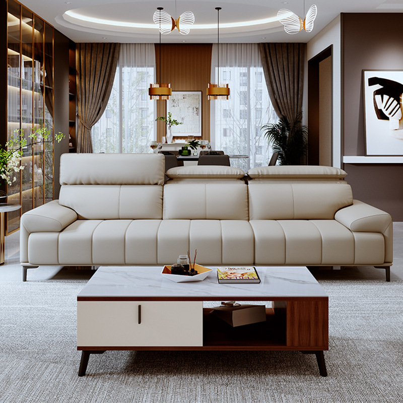 Sofá de piel auténtica estilo púas de gato, color crema, de Foshan Furniture, diseño de fila recta, estilo ligero y lujoso, arte en piel simple.