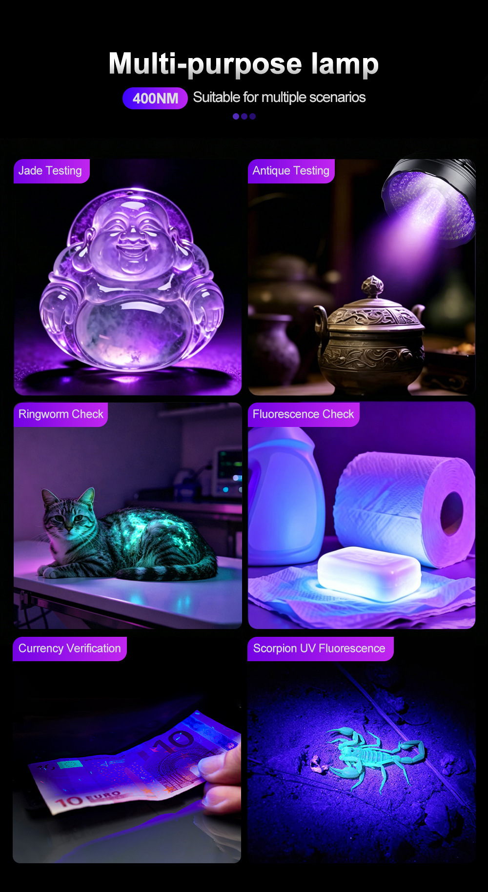 Cross-Border Uv Purple Light Flashlight Factory Wholesale Counterfeit Money Detector Fluorescent Mask Detection Lamp Pet Urine Stain Ultraviolet Lamp