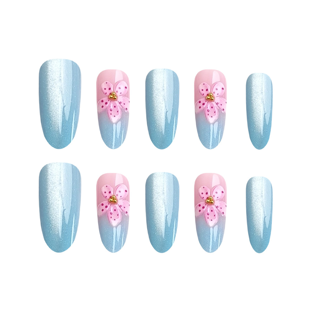 Flores 3D estereoscópicas azules de hielo ojos de gato usar uñas 30 piezas de verano atmósfera de uñas blancas falsas transfronterizas suministro directo image 5