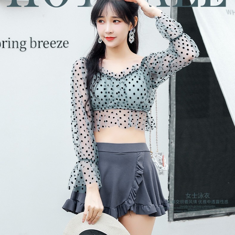 Traje de baño de manga larga de dos piezas de las mujeres sexy falda traje de baño de la niña adelgaza push up vacaciones traje de baño de aguas termales