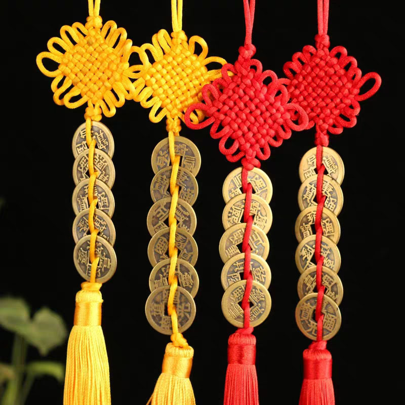 Alloy Five Emperors Copper Money Ping An Chinese Knot Car Pendant Antique Coin Car Rear View Mirror Car Hanging Car