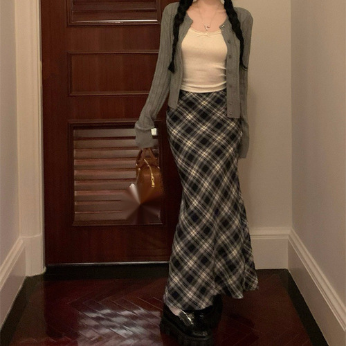 Plus Size Women's Straight Leg Pencil Skirt Set with Blouse - Vintage Blue Striped Long Skirt