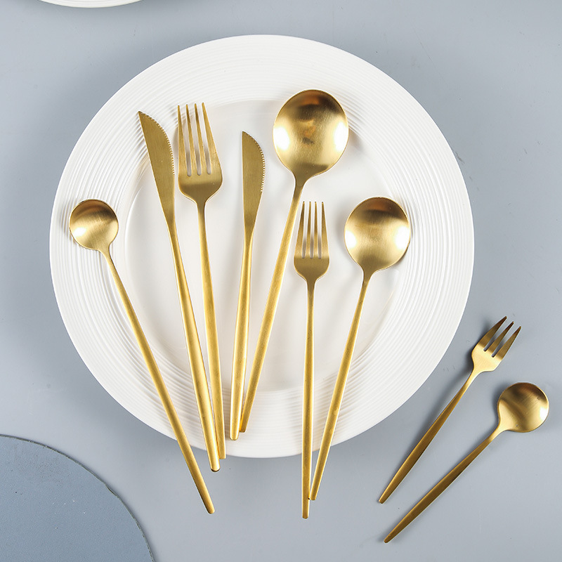 Cross-border Amazon matte flat Portuguese stainless steel tableware knife fork spoon dessert spoon Fork 24 pieces suit