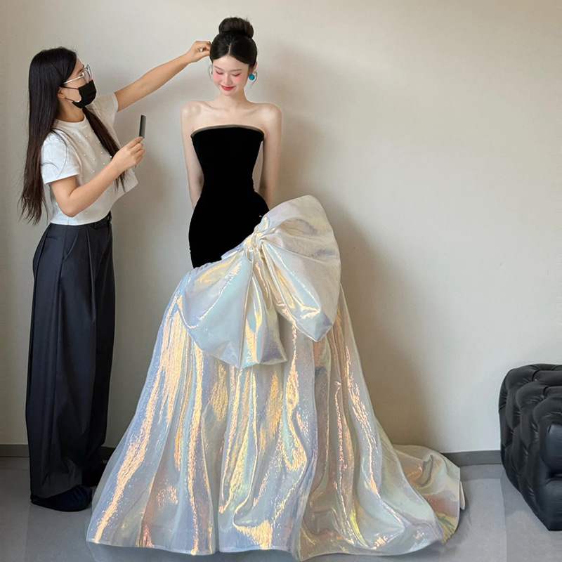 黑色晚礼服裙女2025新款高级感高端轻奢小众婚纱成人公主订婚敬酒