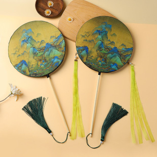 Qianli Jiangshan picture round fan ancient style fan Han clothing only green internet celebrity cheongsam round fan long handle children's dance fan