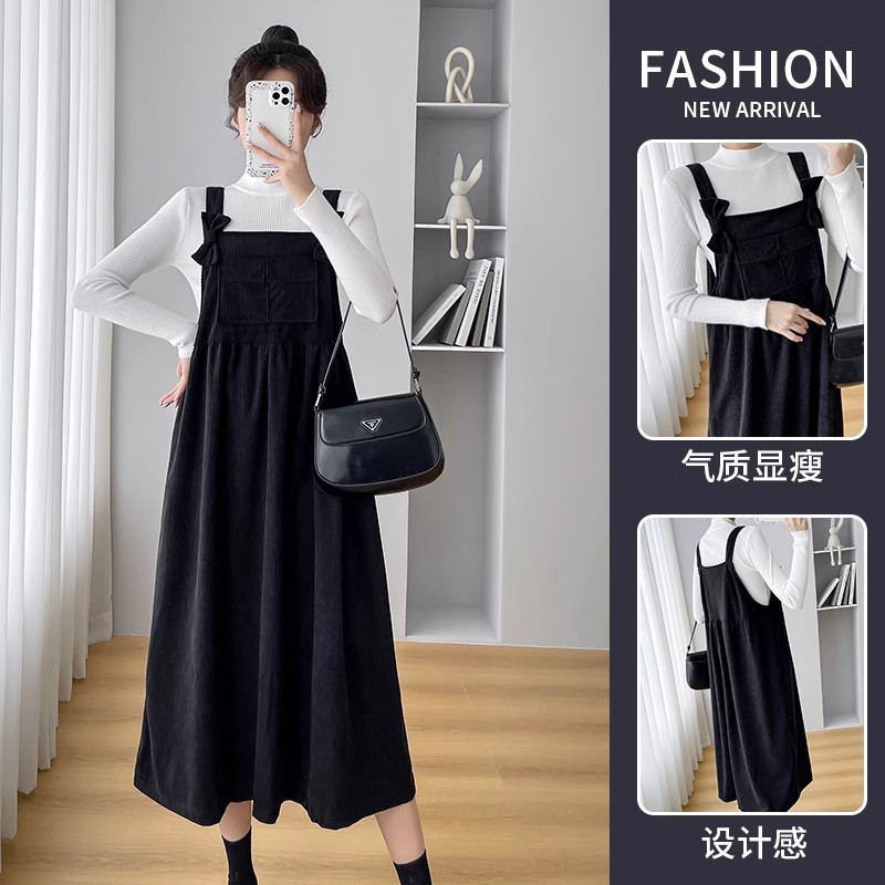 임산부 가을 겨울 정장 패셔너블 중간 길이 코듀로이 서스펜더 스커트 슬림 임산부 드레스 대형 투피스 정장