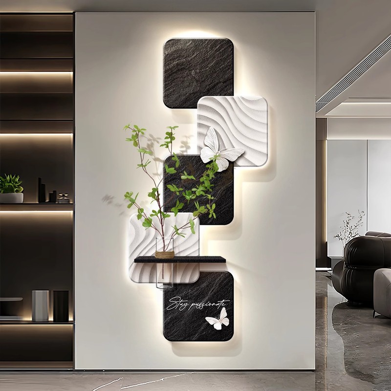 奶油风黑白创意玄关装饰画水培绿植灯光画客厅挂画入户正对门壁画|undefined