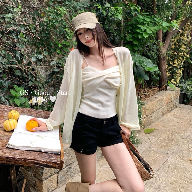GS.GOOD START Summer Gentle Style Cream-Colored Knit Cardigan + Camisole Set D1180