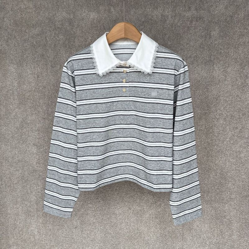 Wholesale Women's Clothing from the Source of the Supply Chain, In-Stock Mj Lace Trim Turn-Down Collar Gold Button Striped Long-Sleeve T-Shirt 288Polo Wholesale Women's Clothing from the Source of the Supply Chain, In-Stock Mj Lace Trim Turn-Down Collar Gold Button Striped Long-Sleeve T-Shirt 288Polo