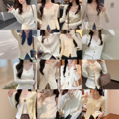 25秋冬新款韩版时尚V领软糯针织衫女爱心扣上衣开衫品牌女装批发