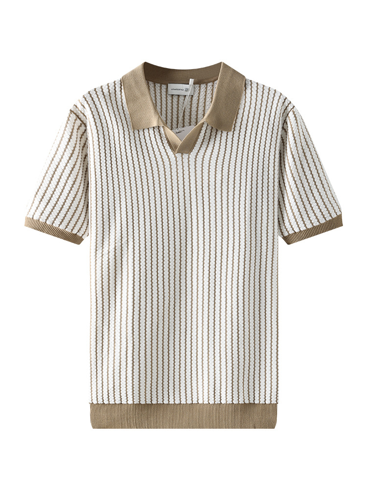 Camisas de polo de punto a rayas verticales de verano hombre ligero viento collar de collar de manga corta chaqueta de negocios casual al por mayor transfronteriza