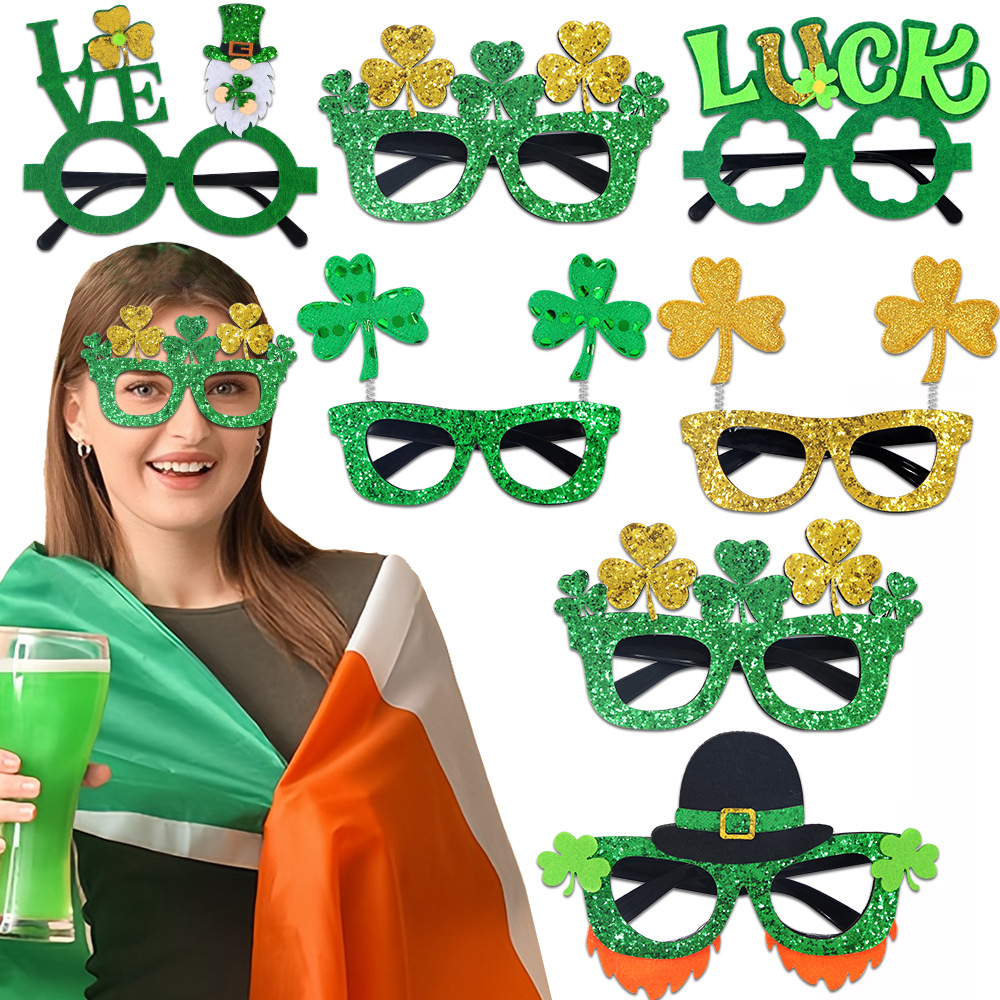Día de San Patricio gafas de trébol verde dorado gafas de hierba afortunada irlandesa día de fiesta decoración