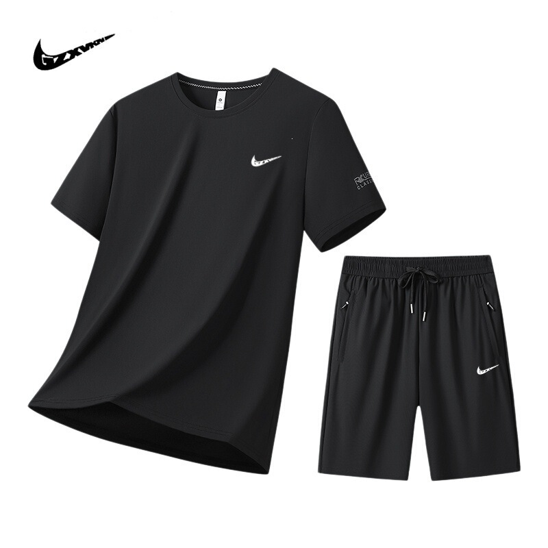 New Summer Ice Silk Short-Sleeved Suit Men's Two-Piece Set Round Neck T-Shirt Shorts Sports Casual Quick-Drying Men's Suit