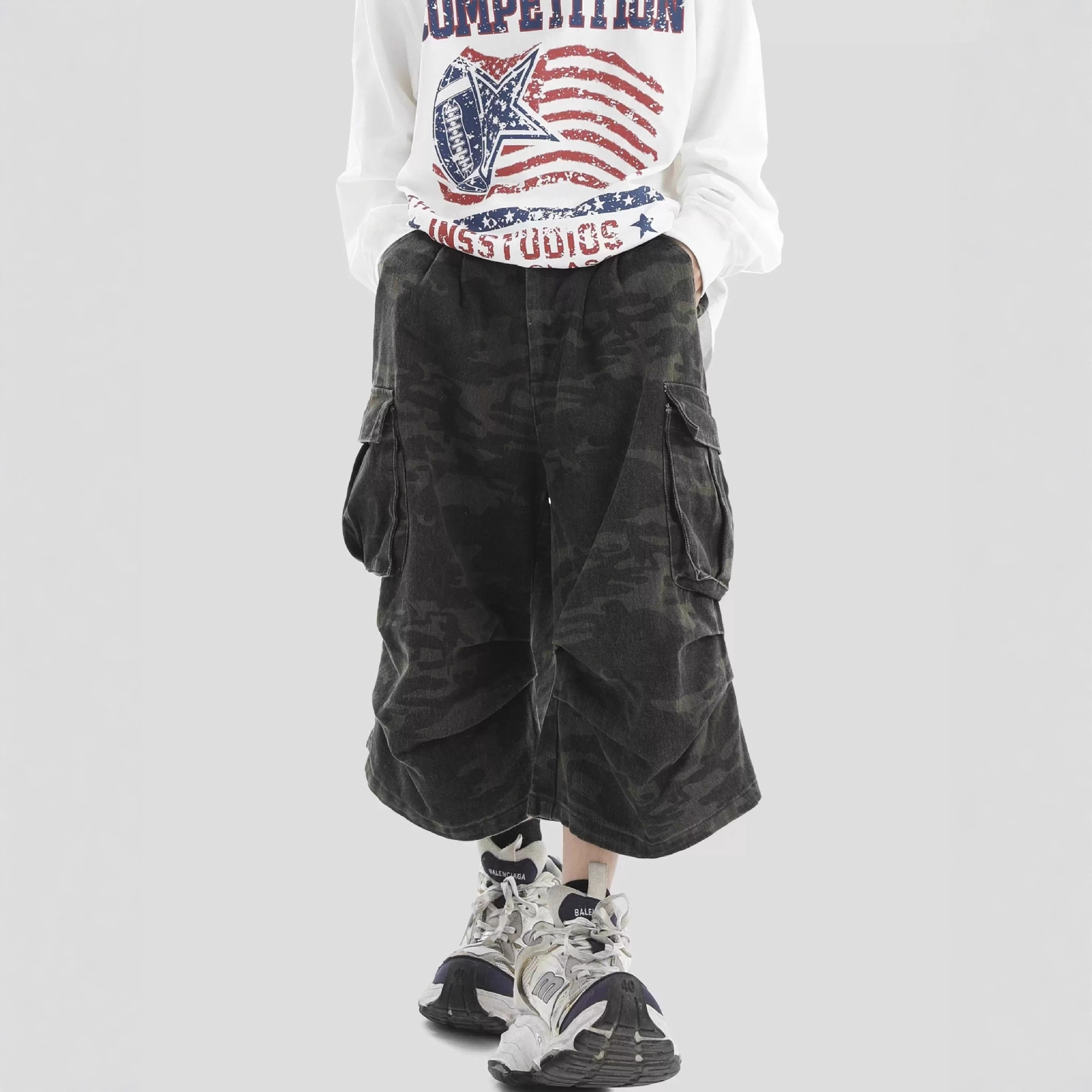 Plus-Size Relaxed High Street Retro Wide-Leg Denim Shorts Unisex American Style All-Season Slimming Camouflage Cargo Capri Pants