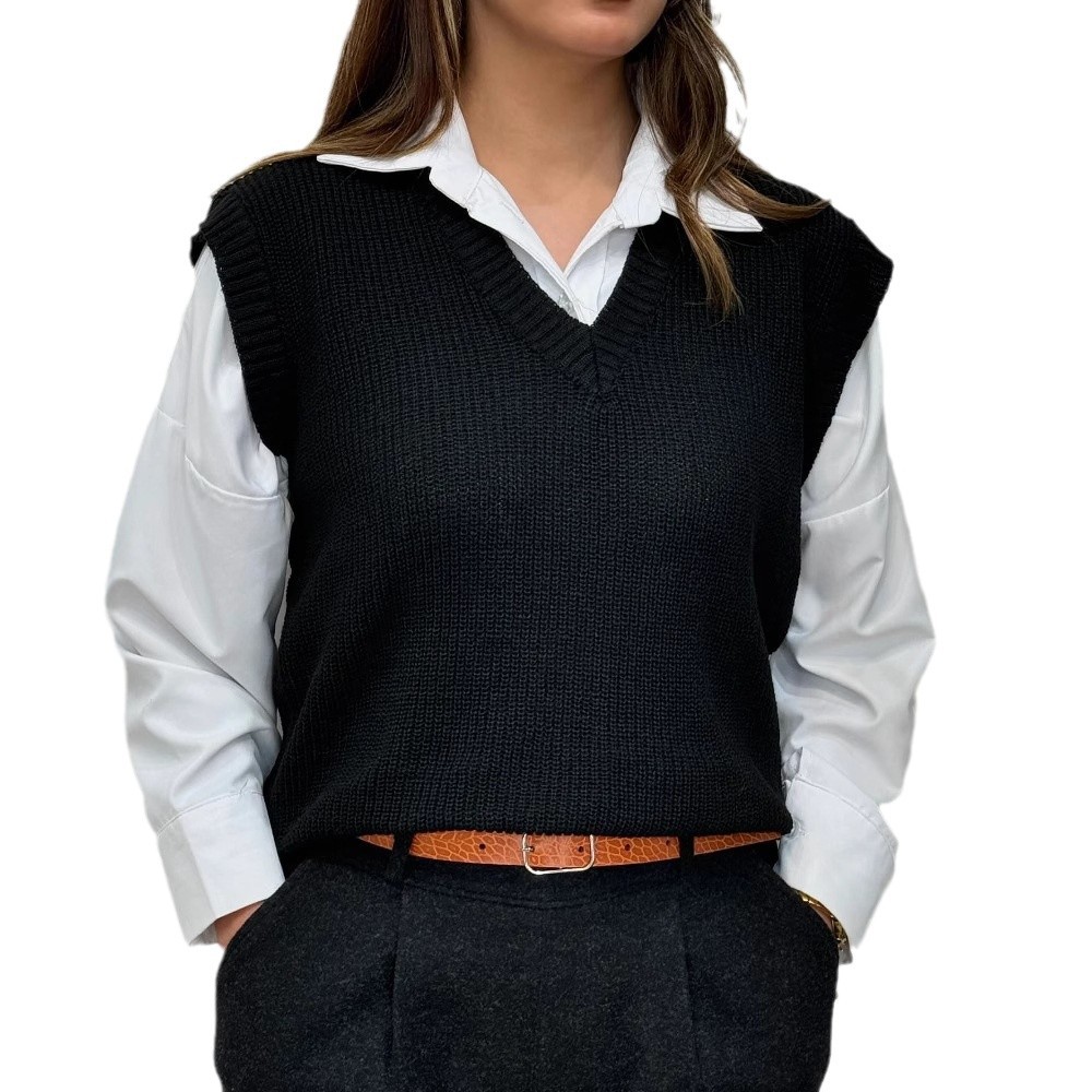 2024 otoño nuevo estilo europeo y americano Amazon transfronterizo casual versátil camiseta de punto de cuello en V suelta chaleco de punto