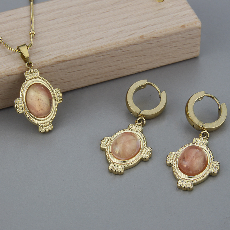 Retro Oval Titanium Steel Earrings Necklace Inlay Artificial Gemstones Stainless Steel Necklaces