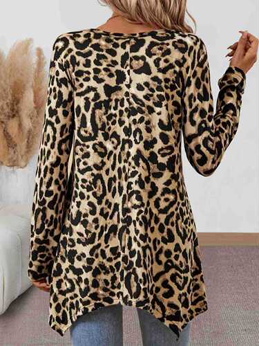 International Trade Cross-Border T-shirt Long Sleeve Loose Casual Crew Neck Leopard Print Knit Elastic Asymmetric Hem Autumn Top