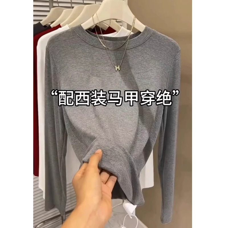 European-Style Black Round-Neck Long-Sleeve Base Shirt for Women, Autumn New Slim-Fit Simple Stylish Elastic Top